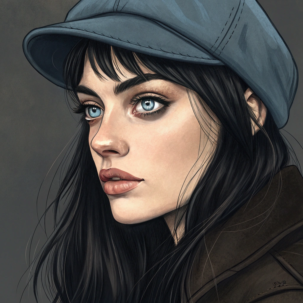 AI generated image by Red Panda AI: digital art,  caricature,  beautiful woman pierceing haunting blue eyes, wearing cap, close up, long black hair, chiaroscuro on baroque 