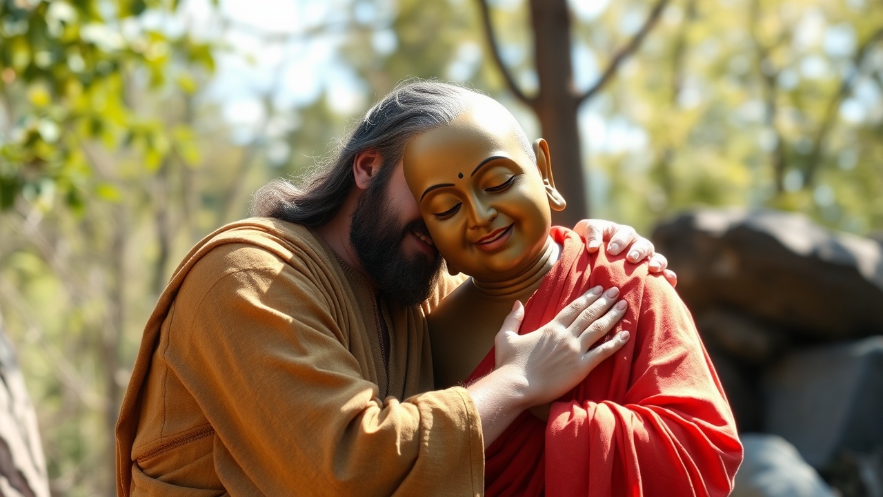 AI generated image by FLUX.1-schnell: Jesus and the buddha Gautama hugging, photo realistic, bright outdoors in a natural setting