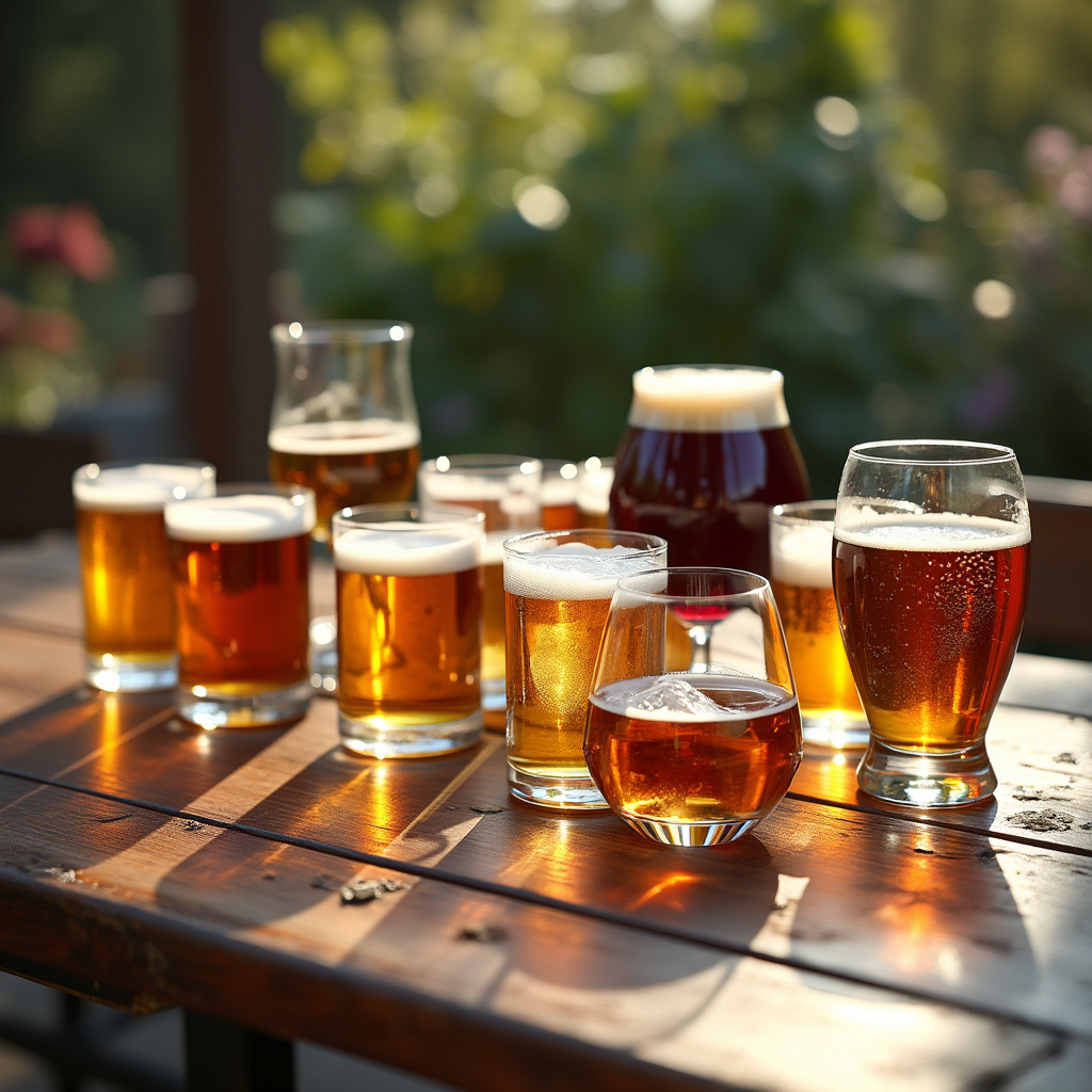 AI generated image by FLUX.1-pro: CREATE A photo of a table full of beer, wine, and whiskey glasses. The table is outside in the garden. The weather is sunny. 4K, realistic