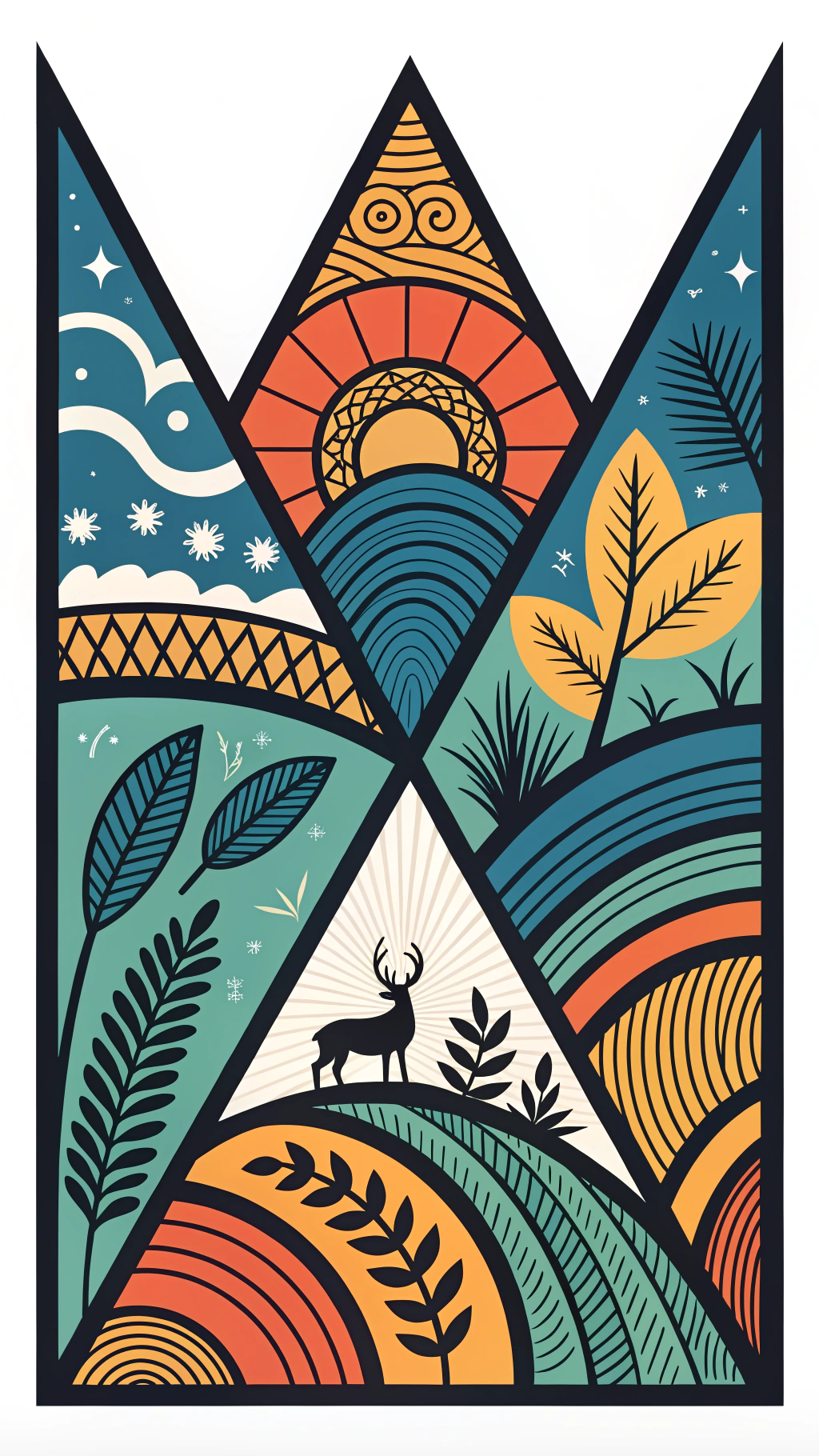 AI generated image by Red Panda AI:  Create a bold, geometric  design in the style of Don Pendleton. Feature abstract, overlapping shapes and flowing lines, inspired by organic elements like animals, plants, or surreal landscapes. Use a limited but vibrant color palette—blues, greens, oranges, and yellows—with thick black outlines to create a sense of depth and movement. Focus on clean, angular forms that blend together harmoniously, with the design occupying the full surface of the deck. Avoid realistic details; instead, emphasize abstract, almost tribal shapes with a hint of surrealism to capture Pendleton's signature aesthetic of balanced chaos