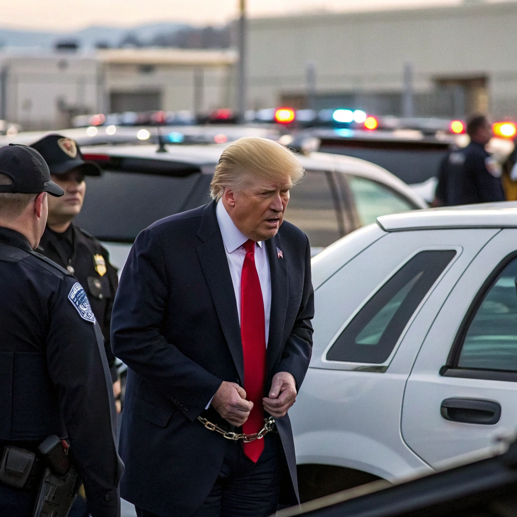 AI generated image by Red Panda AI: Donald Trump arrested while giving a statement
to have handcuffs on his hands and police vehicles in the background