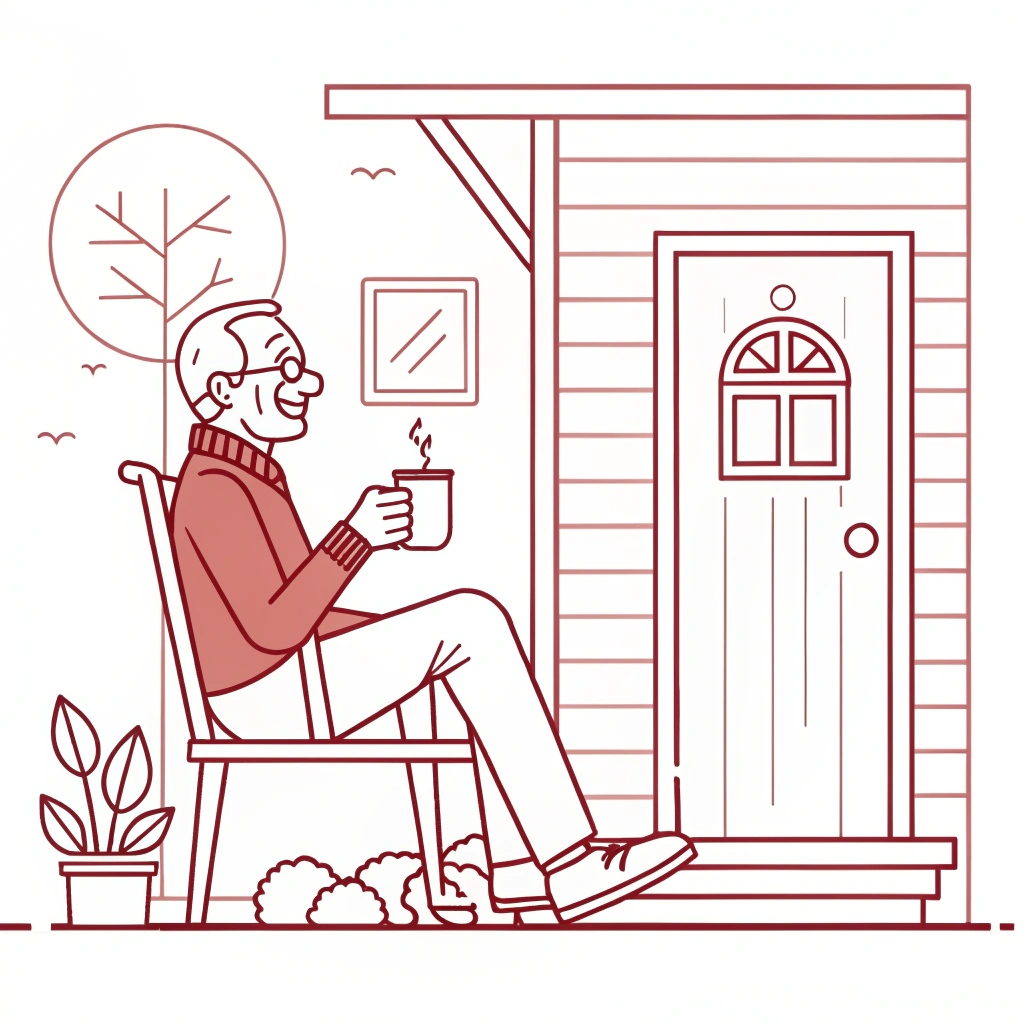 AI generated image by Red Panda AI: Line art illustration of an elderly man sitting on the front porch of his house, enjoying a cup of coffee. The drawing should capture a moment of nostalgia and peace, with the grandfather smiling gently, exuding contentment. Surroundings should include minimalistic details like a simple chair, a coffee cup in his hand, and subtle elements such as a small potted plant or part of the house's doorway to provide context. The design must use clean and simple lines, without shadows or complex fills, using only one color, red. The style should be modern and minimalist, following the principles of line art, avoiding a doodle-like approach. The composition should convey warmth, tranquility, and the beauty of a peaceful moment.