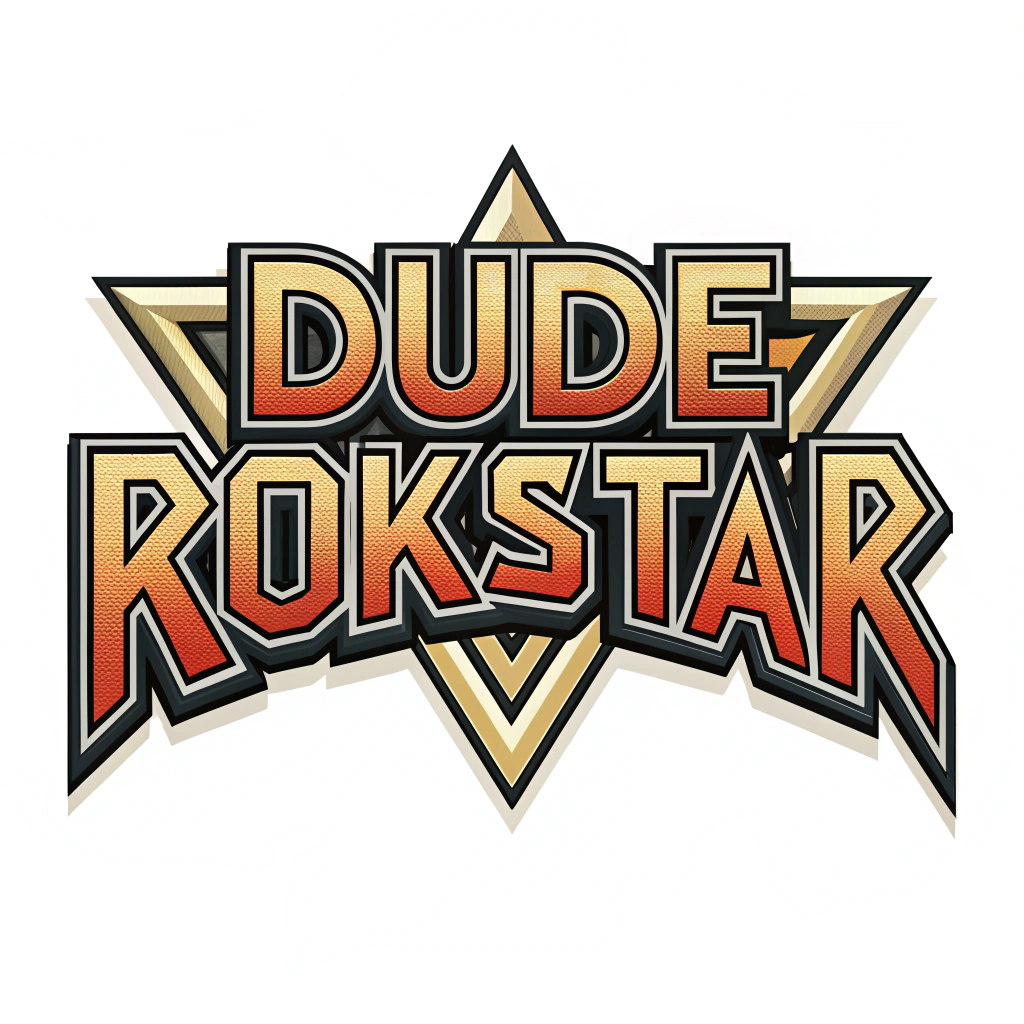 AI generated image by Red Panda AI: "Dude Rokkstar" logo in the font of a 1980s heavy metal band logo, on white background