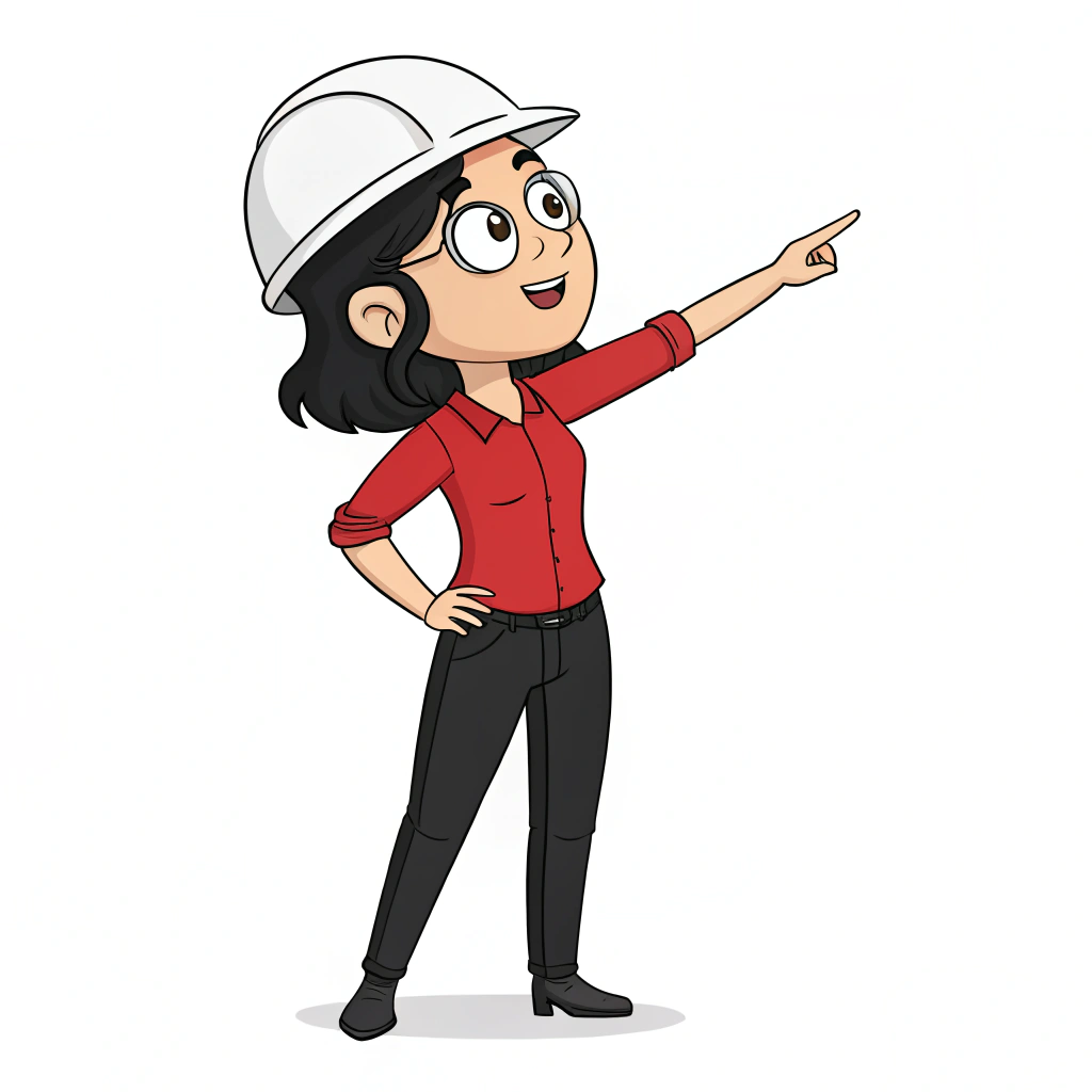 AI generated image by Red Panda AI: me puedes crear una ilustracion tipo caricatura  de una mujer ingeniera  de color blanca su piel, cabello negro, con un casco que tenga puesta  de color blanco, y una camisa roja con pantalon negro y que este señalando algo  con un brazo al costado, pero cuerpo completo