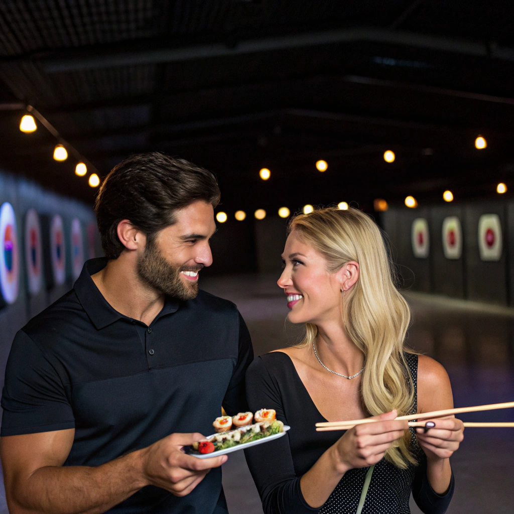 AI generated image by Red Panda AI: Create a romantic and adventurous photo of a couple on a unique date night. The setting is a dimly lit shooting range with a touch of elegance as they enjoy sushi together. The man is athletic, with dark features and a light beard, exuding confidence as he shares a moment with his girlfriend. The woman is blonde with bright blue eyes, radiating warmth and beauty. The atmosphere is intimate, with subtle lighting capturing their connection, contrasting the thrill of the range with the quiet sophistication of sushi dining. Include details like shooting targets in the background, chopsticks, and shared laughter for a personal touch. Make the setting warm and inviting, blending the intensity of the range with the romance of an upscale dining experience.