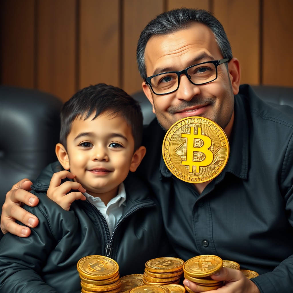 AI generated image by FLUX.1-schnell: un  niño  millonario y su padre con millones de bitcoins