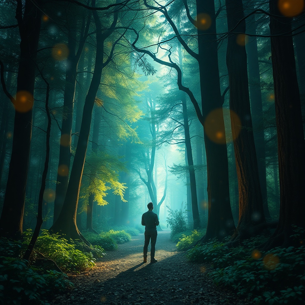 AI generated image by FLUX.1-schnell: Man standing in an enchanted magical forest