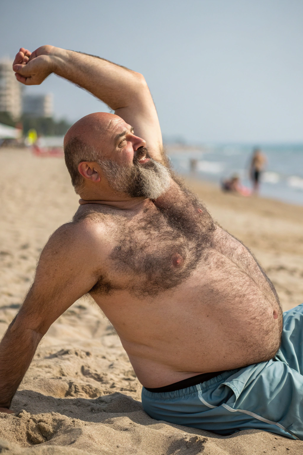 AI generated image by Red Panda AI: a bulky and slightly overweight 50 year old hirsute dad at the beach stretching. Man has heavy amount of body hair, hairy chest pattern, expanding his bloated heavy bearded-belly, bald head, brown and white goatee