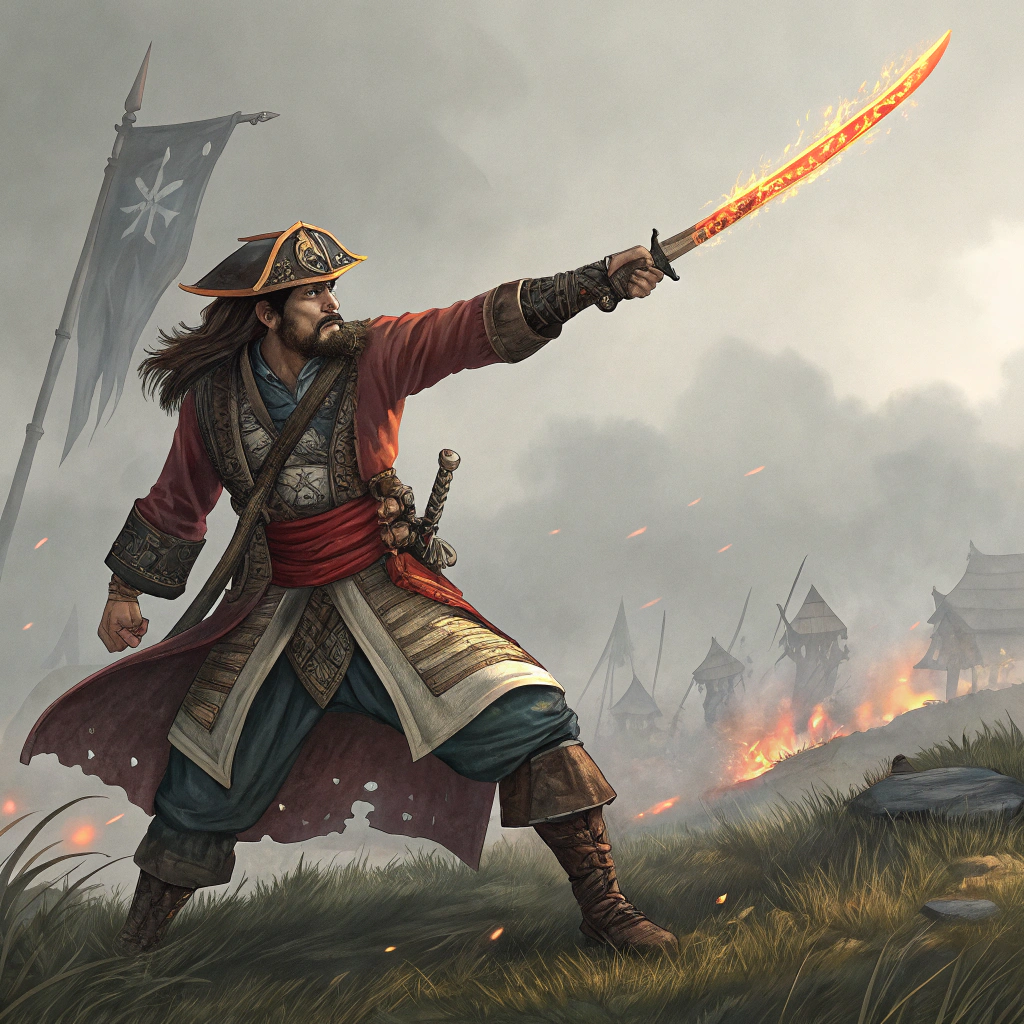 AI generated image by Red Panda AI: Pira piratas samurai que usa uma espada de fogo que perdeu um braço na guerra