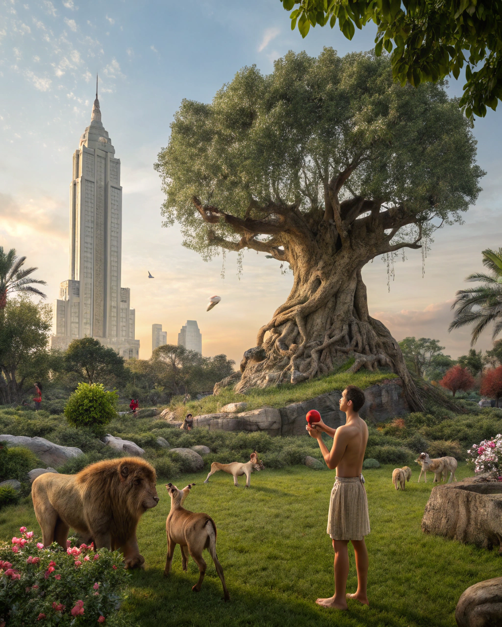 AI generated image by Red Panda AI: Una escena vibrante y surrealista del jardín del edén, con un árbol majestuoso en el centro: el árbol de la vida, cuyas raíces se entrelazan con la tierra fértil. En Primer Plano, Adán, con una figura imponente y serena, sostiene en su mano derecha la manzana prohibida, su mirada fija en ella, mientras que en la izquierda sostiene un pedazo de carne cruda, como símbolo de la transgresión y el sacrificio. a su alrededor, diversos animales del Eden-leones,ciervos,aves exóticas-caminan en armonía, pero sus ojos reflejan una tensión implícita. Al fondo, emergiendo sobre el paisaje idílico, una ciudad moderna se alza con rascacielos brillantes, tecnología avanzada y luces deslumbrantes, contrastando con la inocencia primigenia del Edén. El cielo sobre ellos se mezcla con tonos de amanecer y ocaso, sugiriendo el fin de una era y el comienzo de otra.
