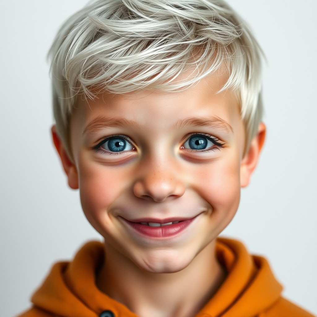 AI generated image by FLUX.1-schnell: garçon de six ans avec les cheveux blanc et yeux gris avec des taches de rousseur souriant