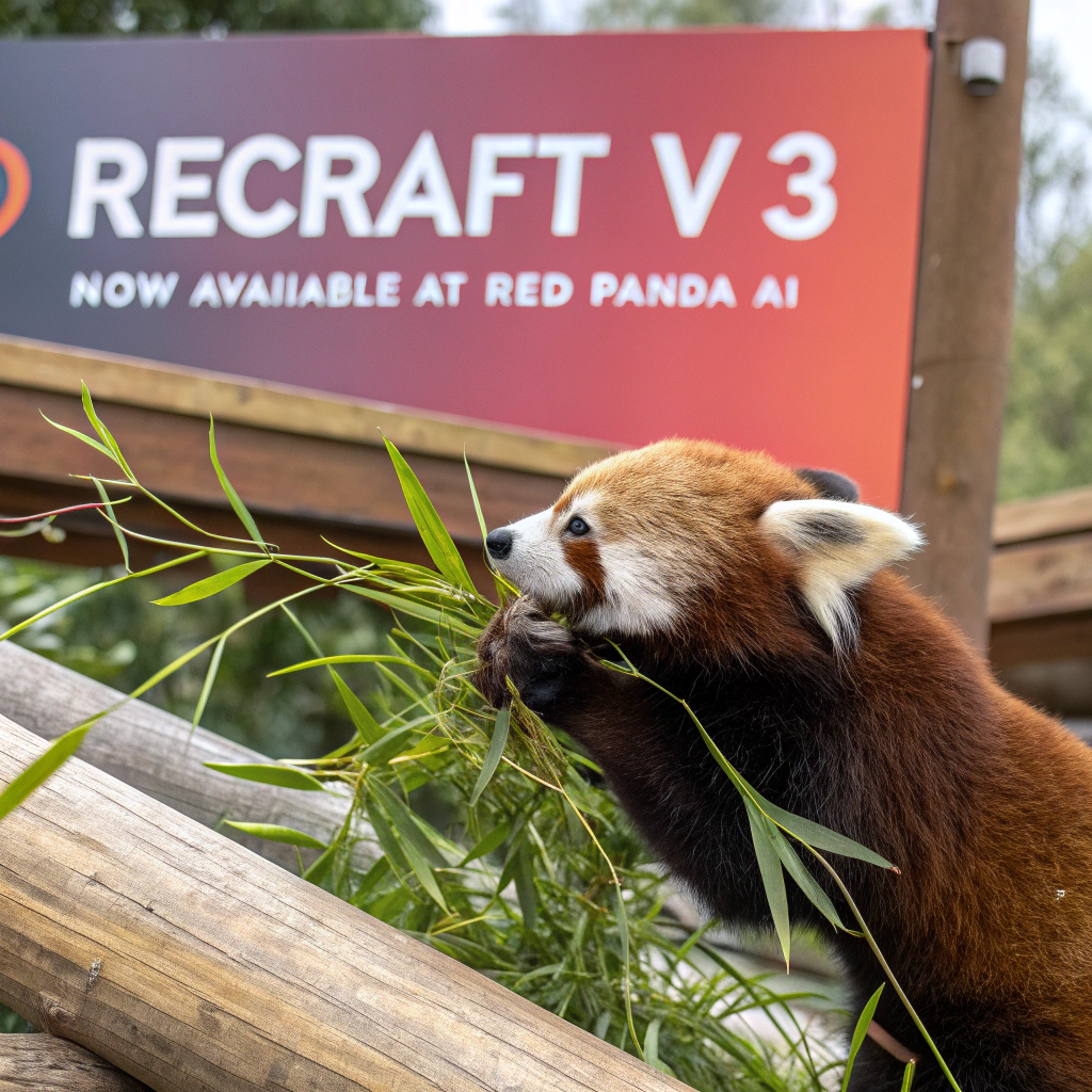 AI generated image by Red Panda AI: a red panda eating a bamboo in front of a poster that says "recraft V3 now available at red panda ai