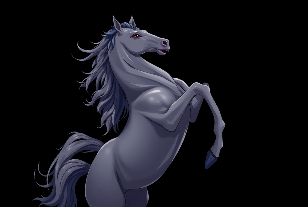 AI generated image by FLUX.1-schnell: Isolated black background A majestic gray anime  horse rearing up against a dark, swirling background.