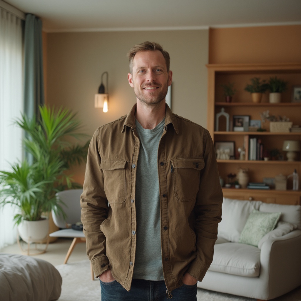 AI generated image by FLUX-Realism-Lora: Ein moderner, minimalistischer Wohnraum mit sanfter, warmer Beleuchtung. Ein geschlechtsneutraler Wohlfühl-Coach in lässiger, bequemer Kleidung steht entspannt in der Mitte des Raums.  Im Hintergrund sind grüne Pflanzen, ein Bücherregal und inspirierende Dekorationen zu sehen. Der Coach lächelt freundlich während er die Kamera anspricht. Die Kamera ist relativ nah, sodass man nicht viel von seinem Körper sieht