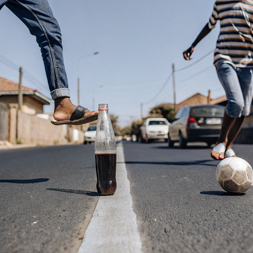 AI generated image by Red Panda AI: crianças jogando futebol de rua com uma garrafinha da coca cola, gols marcado por um par de chinelos, no meio da rua, crianças brincando, onde a garrafa de plástico é a bola, imagem realista de rua