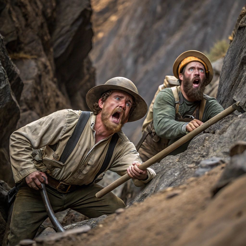 AI generated image by Red Panda AI: gold miners from the 1849 gold rush in America in trouble, gold miners scared, gold miners scared, gold miners falling off a cliff