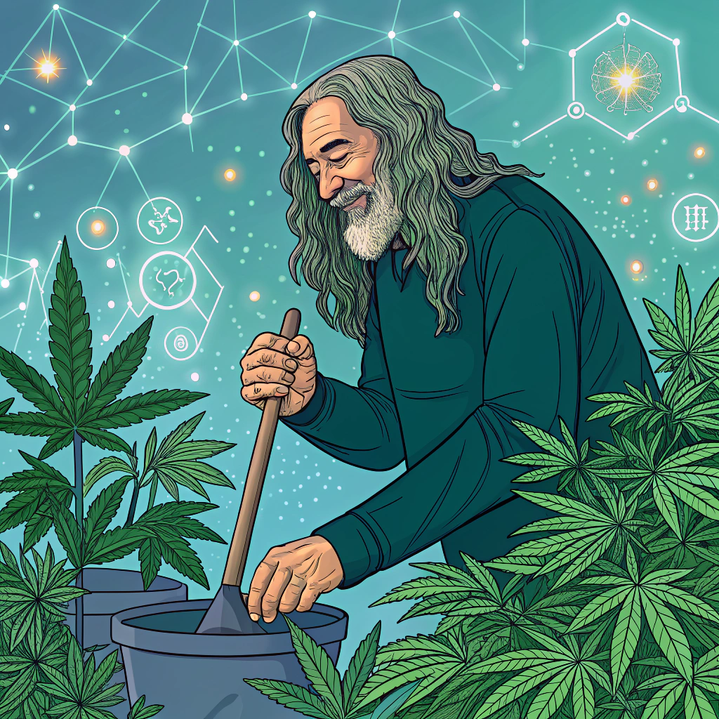 AI generated image by Red Panda AI: A long haired 58 year old man stirring up weather to grow beautiful cannabis plants. It has digital elements to it. 
