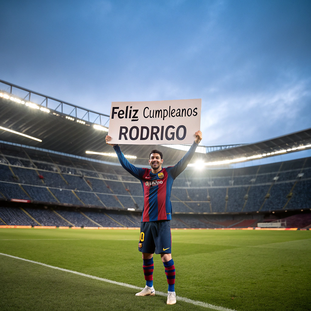 AI generated image by Red Panda AI: Messi con la equipación de fútbol deseando feliz cumpleaños a Rodrigo desde el estadio de fútbol de Barcelona 