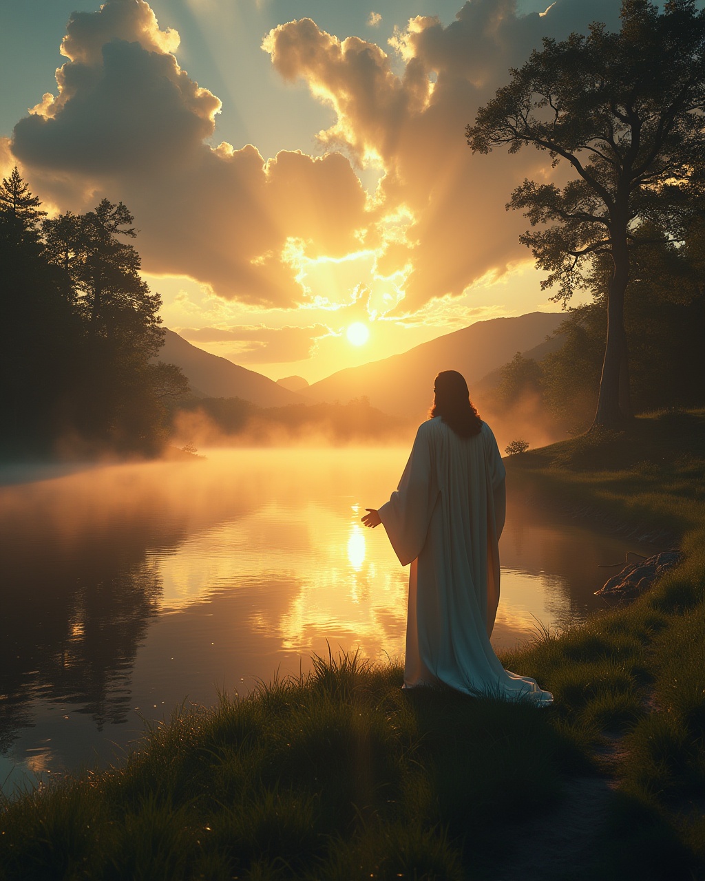 AI generated image by FLUX.1-pro: A highly realistic, cinematic scene captures a serene and awe-inspiring moment with a silhouette of Jesus standing at the edge of a peaceful lake, gazing into a stunning sunrise or sunset. The warm golden light from the low sun pierces through scattered clouds, creating radiant beams that illuminate the sky and reflect in the still water below. Jesus, dressed in flowing white robes that gently drape down to the ground, stands gracefully with his back facing the viewer, casting a long reflection on the lake’s surface. The scene is framed by towering trees on either side, their dark branches adding contrast to the luminous sky. Mist rises delicately from the water, enhancing the ethereal quality of the moment. The surrounding landscape is a lush, green meadow that meets the water’s edge, adding a sense of tranquility and natural beauty. The entire composition is bathed in warm hues of gold, orange, and soft blue, creating an atmosphere that feels peaceful, divine, and full of reverence, inviting the viewer into a moment of contemplation and connection with the divine