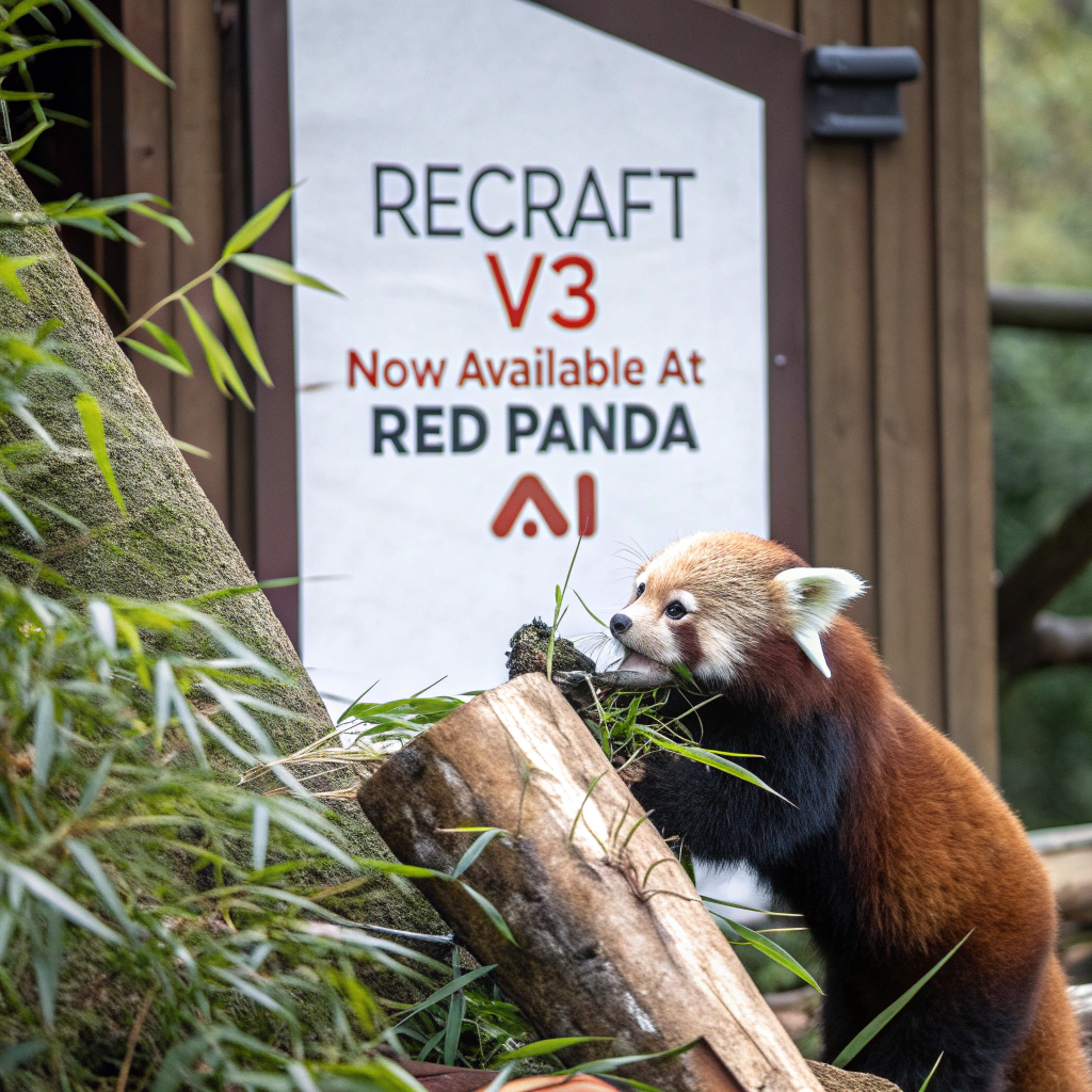 AI generated image by Red Panda AI: a red panda eating a bamboo in front of a poster that says "recraft V3 now available at red panda ai