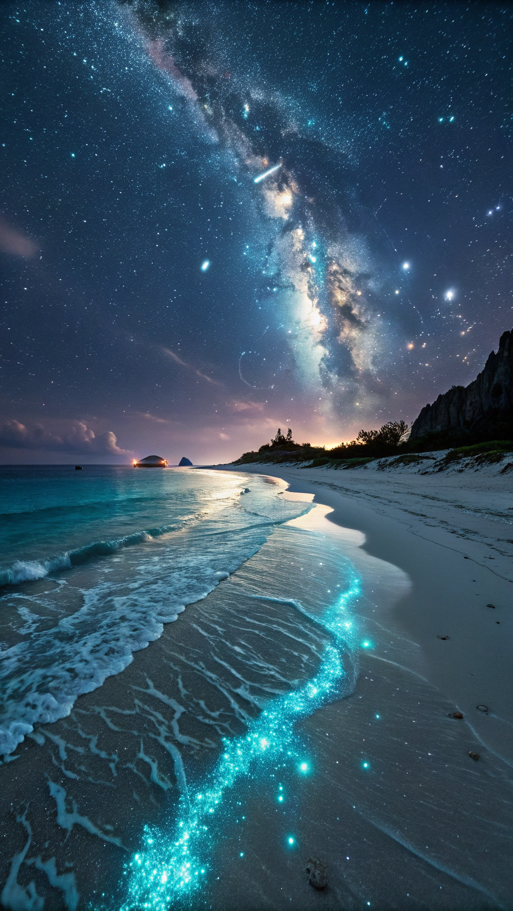 AI generated image by Red Panda AI: The starry sky shines on an otherworldly, alien beach, with iridescent, glowing sand and shallow, bioluminescent water in front of it, waves gently lapping at the shore. The Milky Way is visible above the sea level, creating an endless expanse under the night view, with swirling clouds of gas and dust, and a few streaks of shooting stars. The water's surface reflects the starry sky, with subtle ripples distorting the reflection, and scattered, ethereal lights from distant, abandoned structures adding a touch of mystery to the scene. Rocky, crystalline formations jut out of the water, covered in mist and strange, glowing seaweed, adding to the mystical ambiance. A deep, starry background highlights details, and high contrast makes everything more vivid, with the added complexity of twinkling stars and their reflections rippling on the water. Photorealistic, with an air of eerie, extraterrestrial silence.