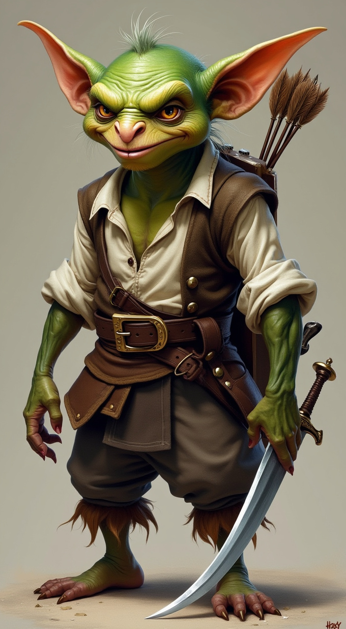 AI generated image by FLUX.1-pro: A fantastic goblin-like character with detailed hands and fingers, cute and funny in a pirate costume with a white shirt, brown vest and a large belt with a buckle, holding a sword and with a quiver of arrows on his back