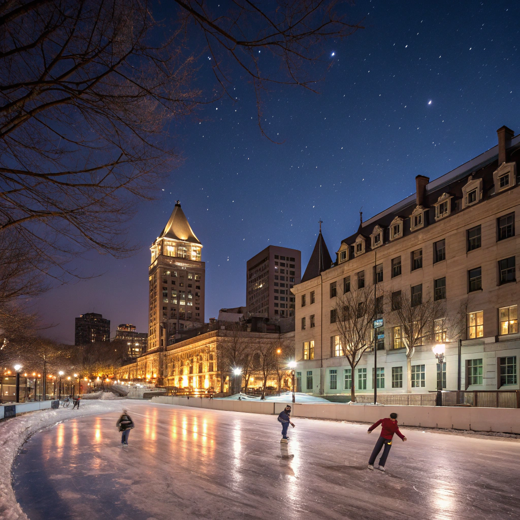 AI generated image by Red Panda AI: Patinoire Place d'Youville Québec soir
