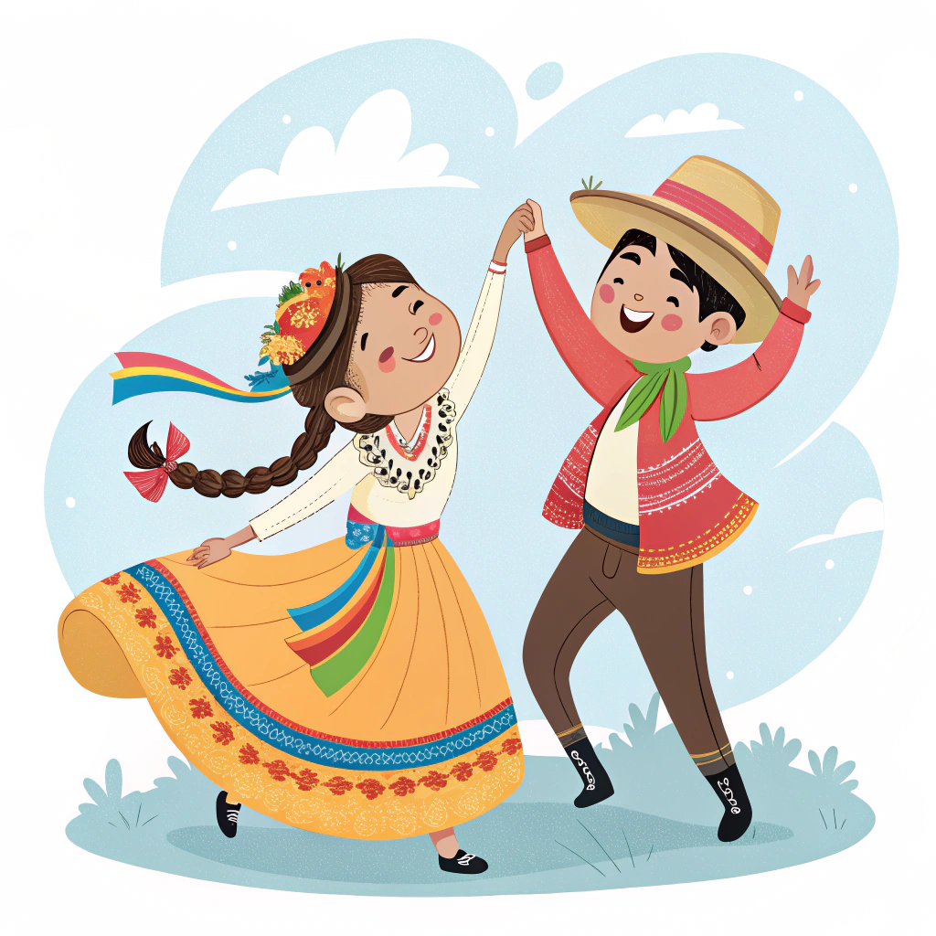 AI generated image by Red Panda AI: UNA PAREJA BOLIVIANA 
BAILANDO HUAYNO, EN CARICATURA FONDO CELESTE