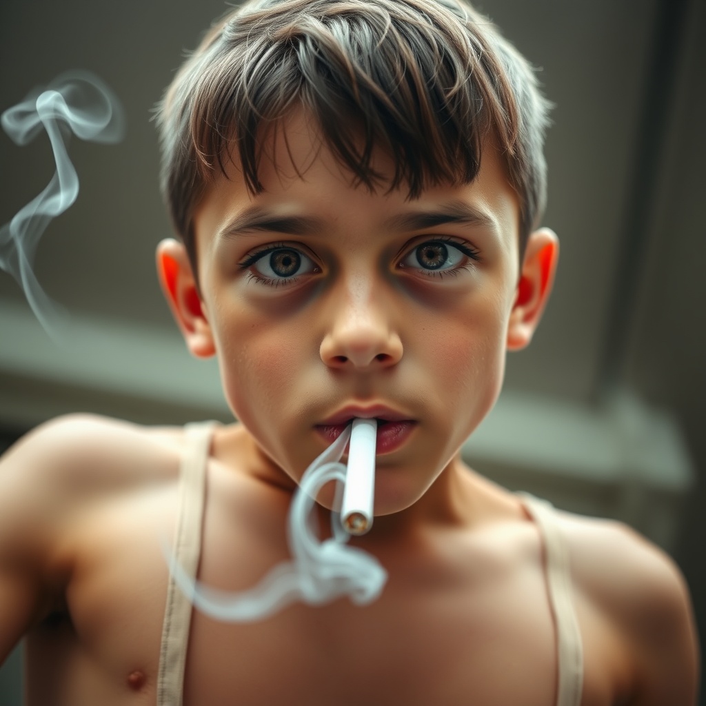 AI generated image by FLUX.1-schnell: Very Low angle shot of a Beautiful Young clever Boy 7-year-old elementary school boy with beautiful eyes Smoking a cigarette with hot white smoke coming out of the cigarette. Visible 6 pack abs and strong pectoral muscles. Boy looking downward directly at the camera with a mischievous clever expression on his face, Filmed from his abdominal muscles and up Visible 6 pack abs and pectoral muscles showing, with 6 pack abs and defined pectoral muscles visible. Short haircut. low angle shot