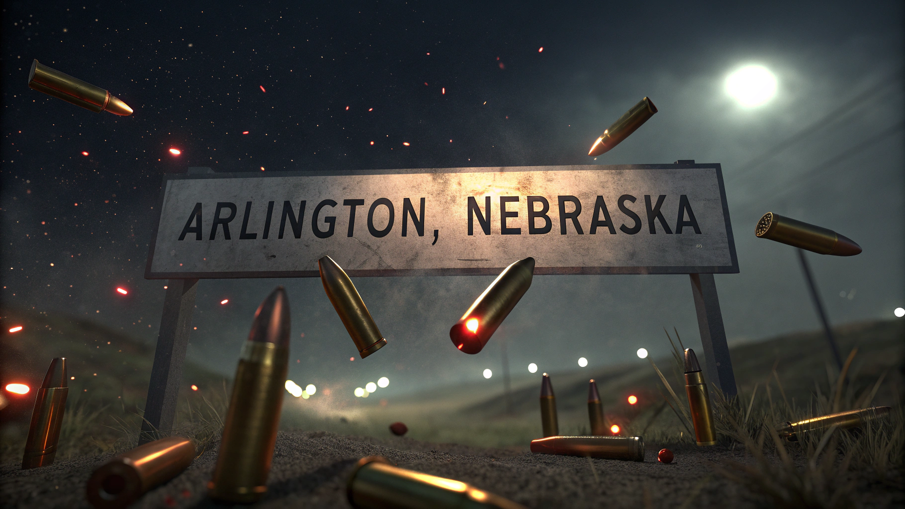 AI generated image by Red Panda AI: bullets flying over a sign that reads "Arlington, Nebraska"