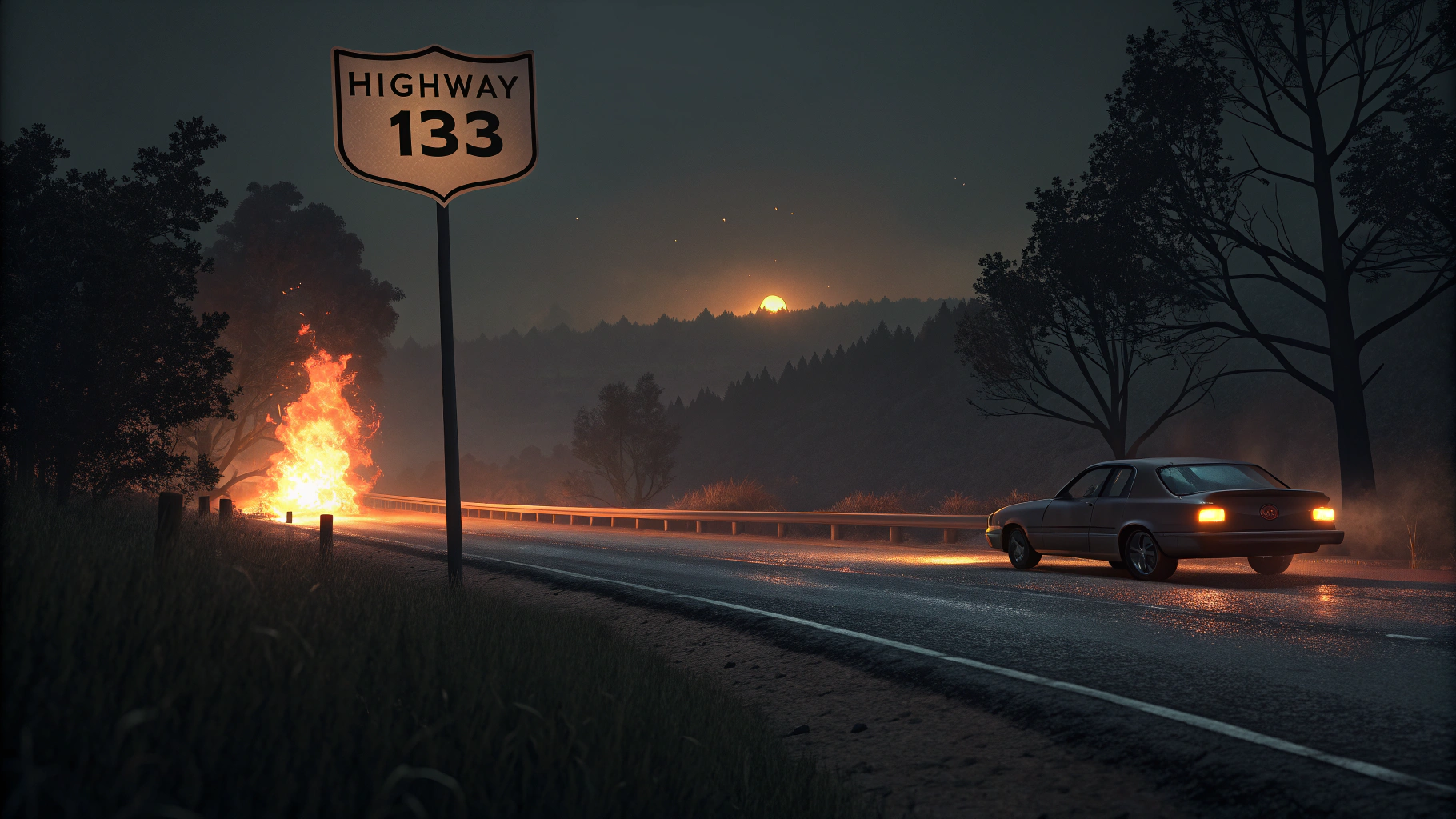 AI generated image by Red Panda AI: clear big sign reads "Highway 133", it's night, Fire in the distance.  Someone driving 115 miles per hour.