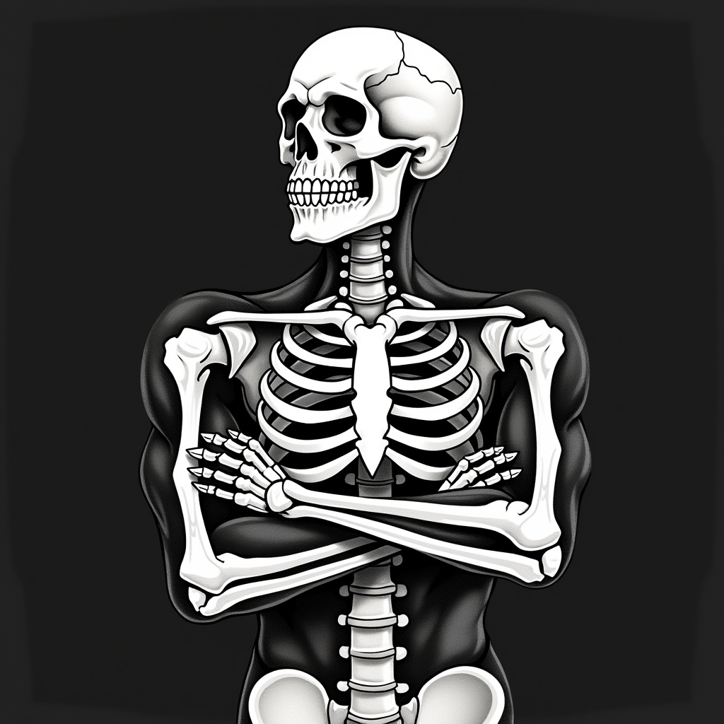 AI generated image by FLUX.1-pro: a drawing of a muscular skeleton  big biceps, in a halloween style, upper body avatar, simple chromatic xray, dehazed image, looking forward with arms crossed, black background