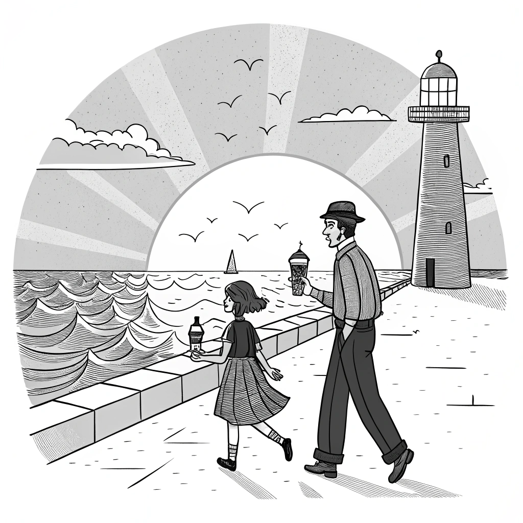 AI generated image by Red Panda AI: Generate a black and white image with simple lines, showing a breakwater viewed from the side. At the end of the breakwater, there is a lighthouse where the waves break. A sunset illuminates the scene, and in the center of the image are two people, myself and my girlfriend, walking together. We are holding ice cream in cups, and the focus should be on the ice cream, the breakwater, the lighthouse, the waves, us, and the sunset, with no additional details. We want a simple, animated style with Victorian elements in the clothing (casual Victorian-style attire). I am taller than her. The image should have a nostalgic feel, with shadows represented by simple lines. Base the style on John Mortensen's work