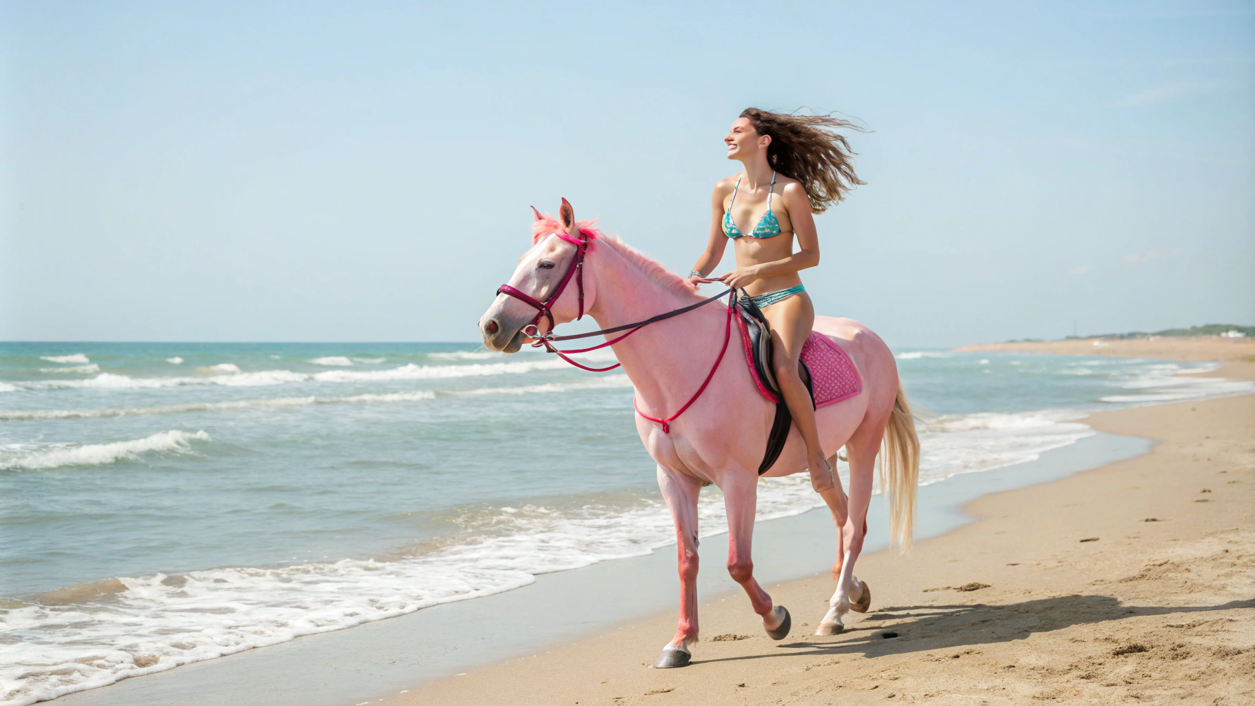 AI generated image by Red Panda AI: Mujer en la playa en bikini montando un caballo rosa