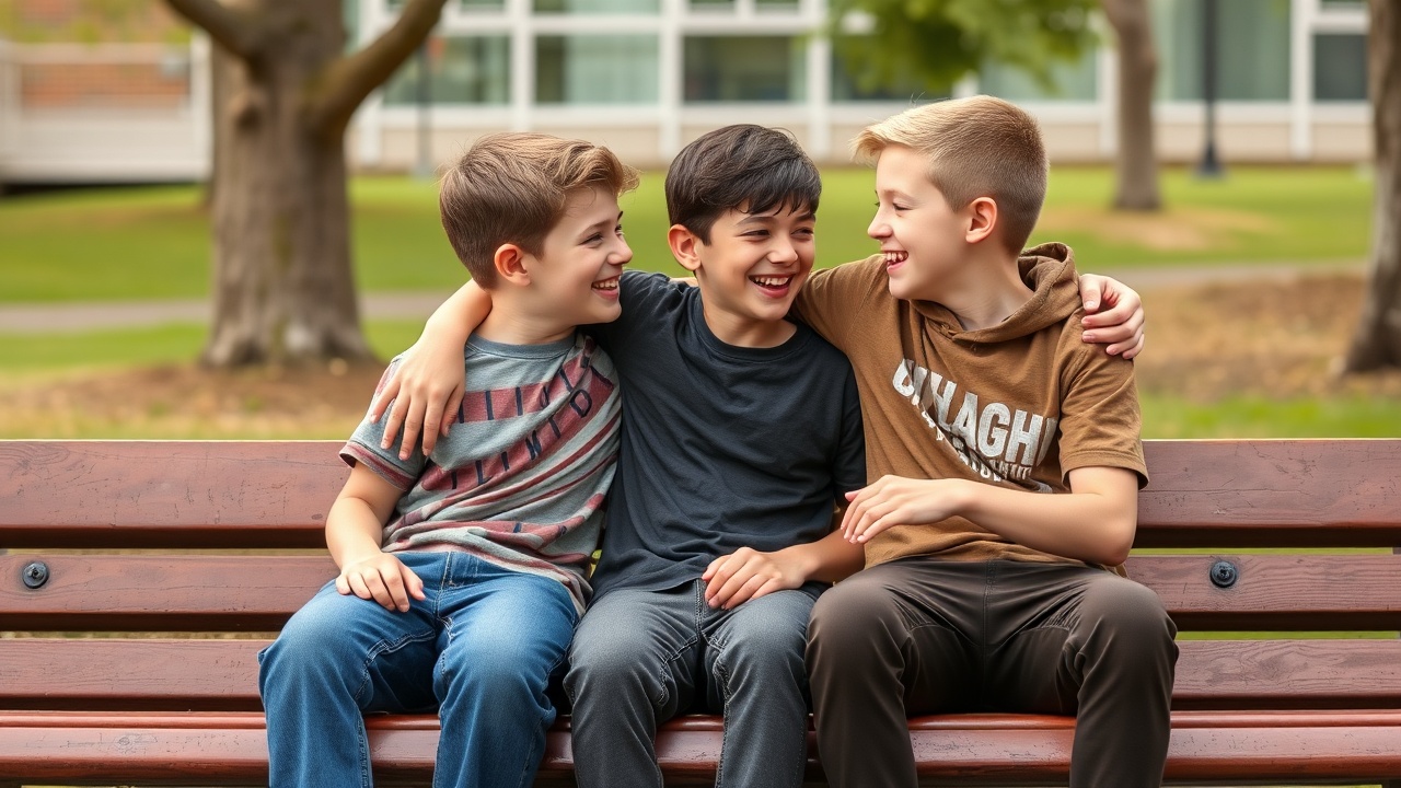 AI generated image by FLUX.1-schnell: Two tween boys sitting on a bench smiling at each other, one with his arm around the other