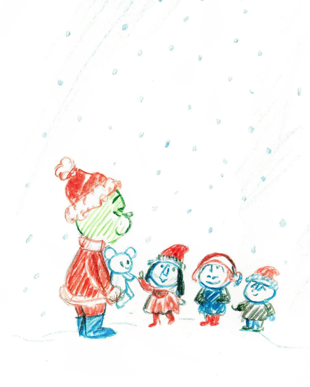 AI generated image by Red Panda AI: El Grinch feliz, contento, vestido de navidad junto a 4 niños (3 niñas y 1 niño) jugando entre la nieve que cae y la nieve del piso. Una de las niñas sostiene un osito de peluche y otros tienen juguetes varios.