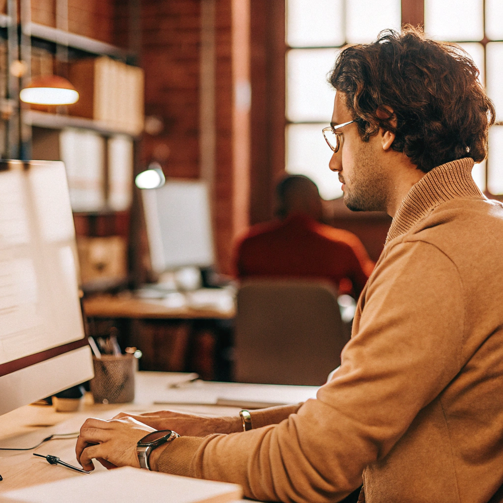 AI generated image by Red Panda AI: A guy sitting in office working on a PC

