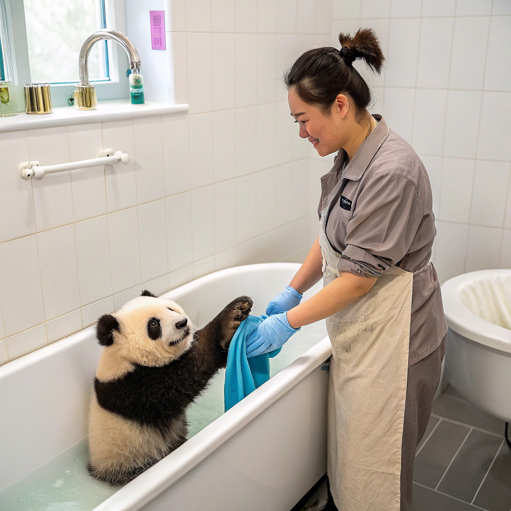 AI generated image by Red Panda AI: A woman is standing next to the bathtub and washing a panda