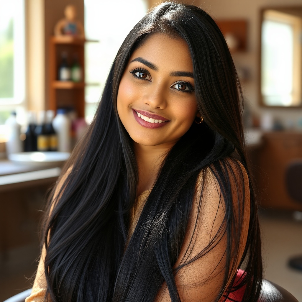 AI generated image by FLUX.1-schnell: A radiant Indian actress with her long silky smooth black hair glistening in sunlight sitting in a casual salon, highly detailed 