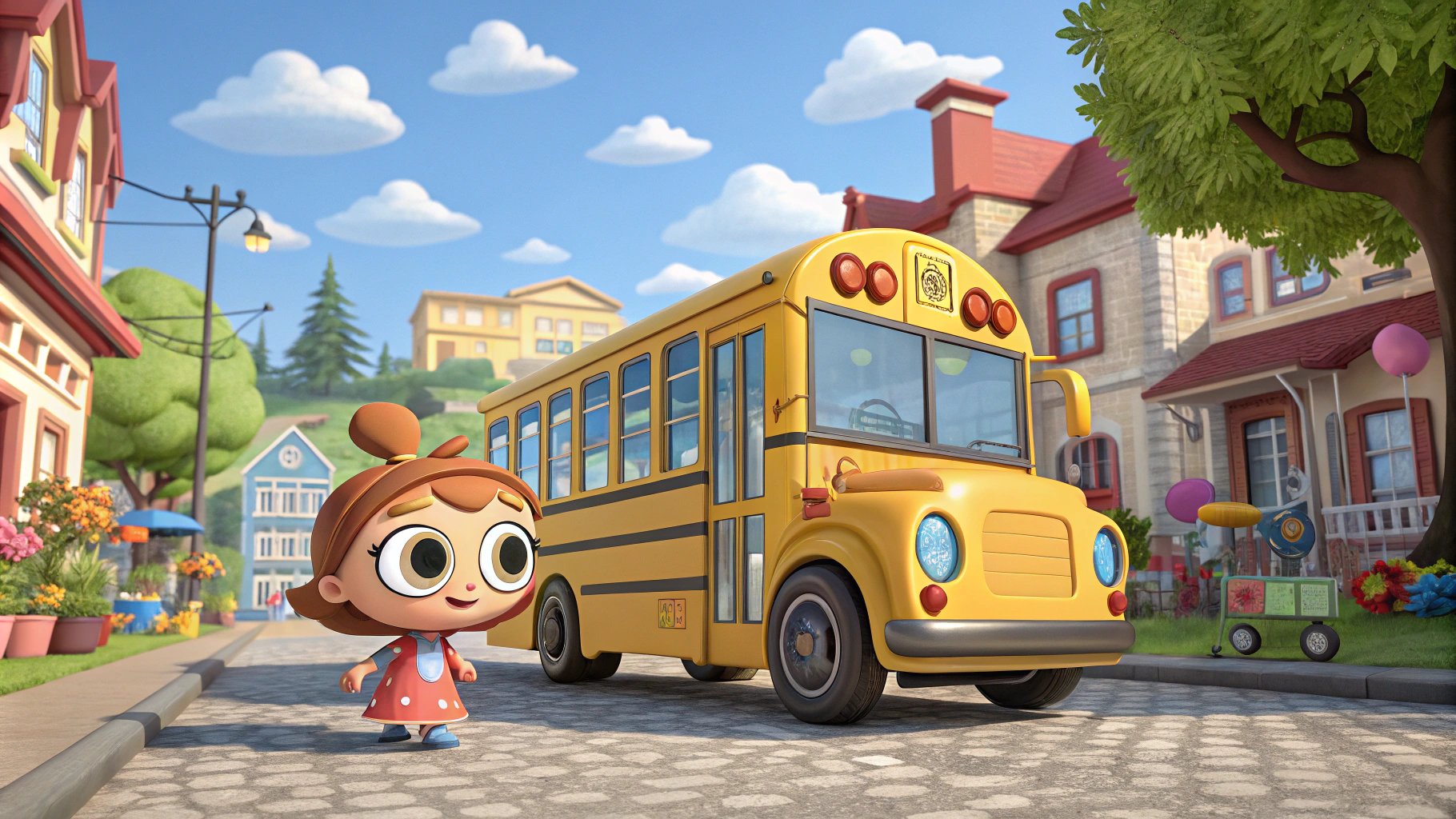 AI generated image by Red Panda AI: A 3D cartoon-style render of a cheerful yellow busA 3D cartoon-style render of a cheerful yellow bus with big eyes, stationary wheels, parked in a colorful town. The town has buildings, trees, and a sunny blue sky with white clouds.Baby girl Create studio lighting in Blender for 3-year-old children like never before. Create animated cartoon characters. The character should be a . Her eyes should be very large and of different colors, funny, and her body should be fully drawn with a straight posture. Use Cinema 4K.3D. Character Design: Use simple and rounded lines that won’t distract children. The eyes should be large and expressive, and the background Color the background nicely. Something different, like in a strange house. Once outside. Once in a garden. Once with toys as the background.