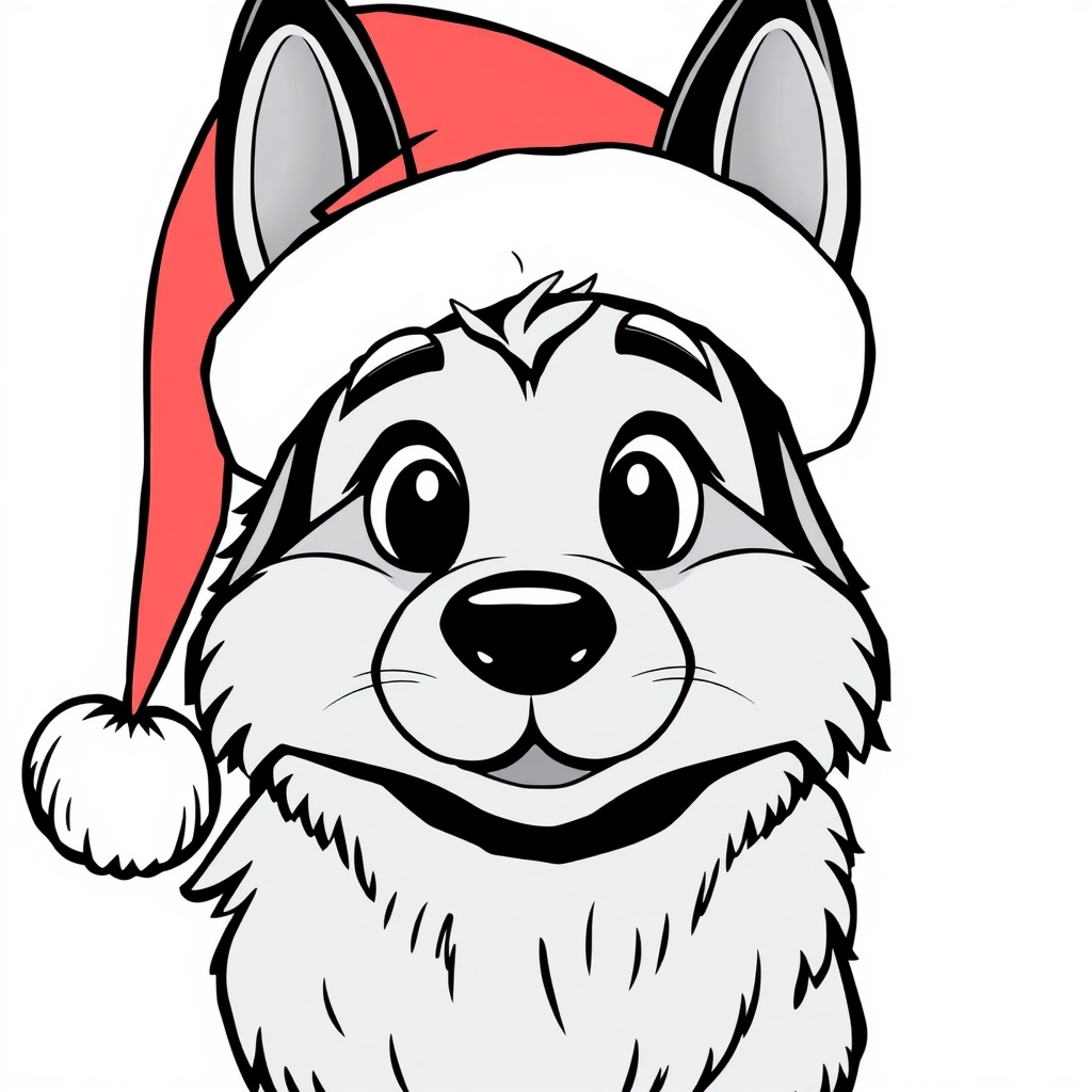 AI generated image by FLUX.1-schnell: Illustration, Ausmalbild für Kinder, Hund mit Weihnachtsmütze, minimalistisch, schwarz-weiß, nur schwarze dicke Umrisse auf weißem Hintergrund, Cartoon-Vektor. Im Stil von Walt Disney.