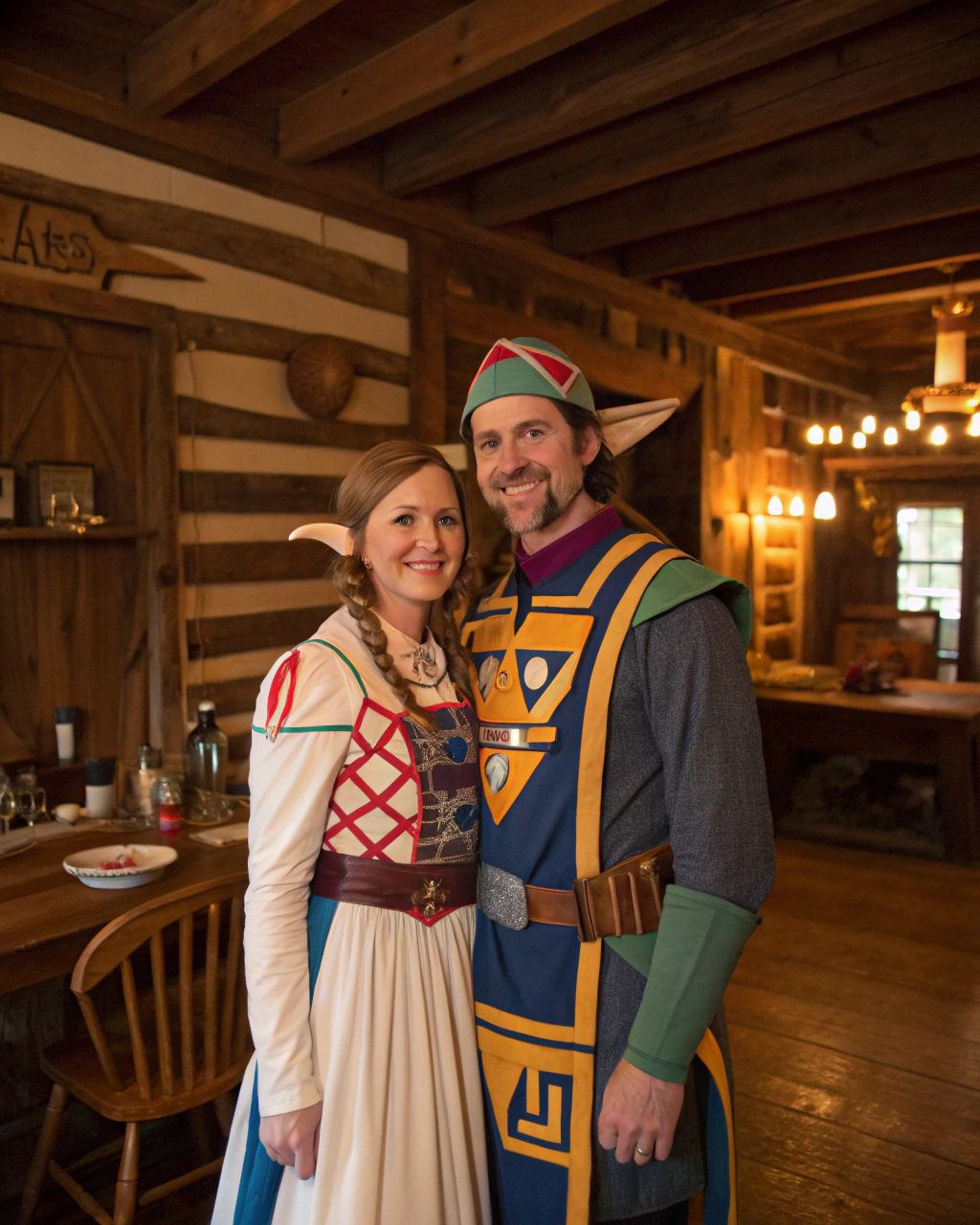 AI generated image by FLUX.1-schnell: A telephoto snapshot image inside a Texas cabin, of hot housewife and her husband posing for a picture while cosplaying as Twi'leks, shot in 2009