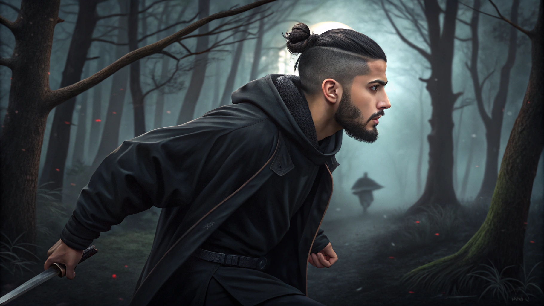 AI generated image by Red Panda AI: a young arabian lean man, with short beard, undercut and samurai's style bun, wearing black, running away from something in a dark forest, horror cinematic scene, realistic 3D animation, stranger things Colorimetry style