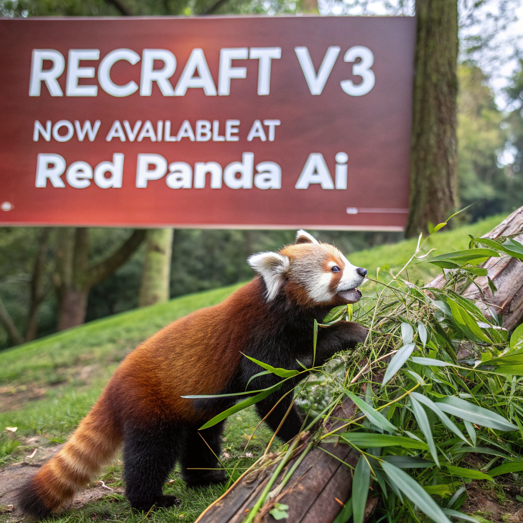 AI generated image by Red Panda AI: a red panda eating a bamboo in front of a poster that says "recraft V3 now available at red panda ai