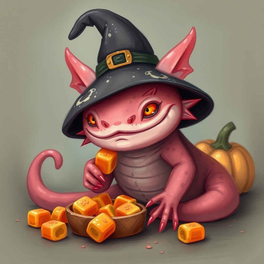 AI generated image by FLUX.1-schnell: Un Axolotl  en Halloween pidiendo dulces