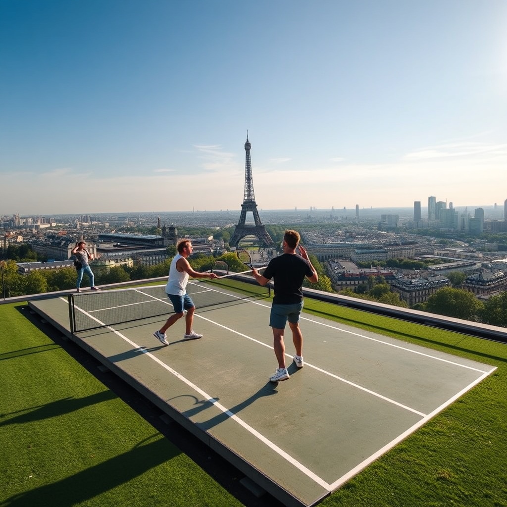 AI generated image by FLUX.1-schnell: Two guys playing tennis on a large, private rooftop terrace or a temporary platform built on the Champ de Mars (the lawn beneath the Eiffel Tower) in Paris, France. A fantastic view of Paris below