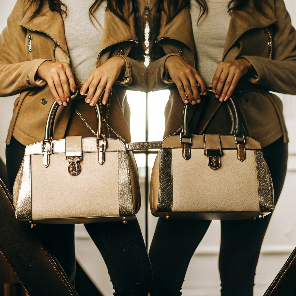 AI generated image by Red Panda AI: Studio photo of a sophisticated woman holding a luxury handbag, standing confidently against a clean, seamless white background. The model is dressed in elegant, high-end fashion with neutral tones to complement the handbag. She holds the bag naturally in front of her torso, showcasing its premium texture, metallic accents, and flawless details. The lighting is soft and even, emphasizing both the model's features and the quality of the handbag, while casting subtle, natural shadows for depth. The background is minimalist and pure white, creating a refined, professional look that keeps the focus on the model and the handbag, perfectly embodying the exclusivity and elegance of a luxury brand.