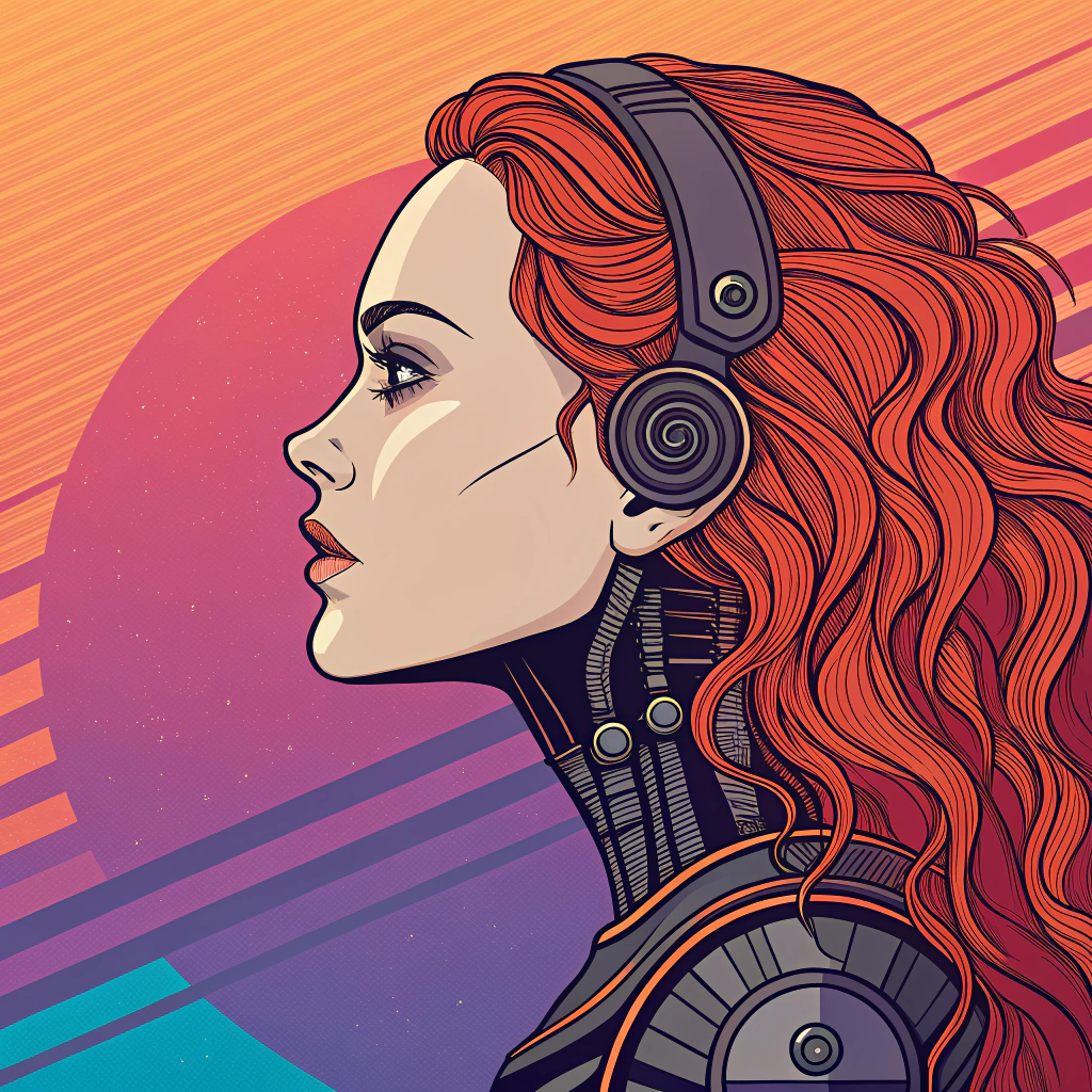 AI generated image by Red Panda AI: side profile of a female cyborg with olive skin and long wavy scarlet hair, abstract pop art, background color is synthwave