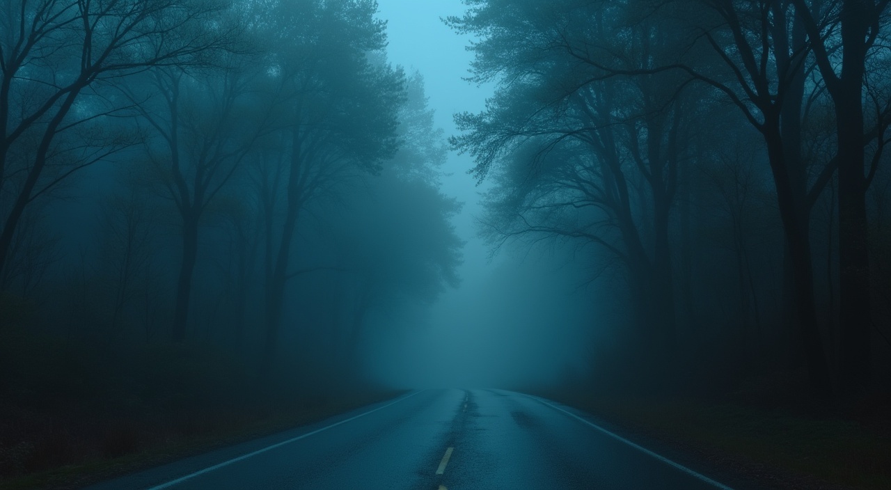 AI generated image by FLUX.1-pro: carretera de noche en medio de un bosque con neblina estilo synthwave