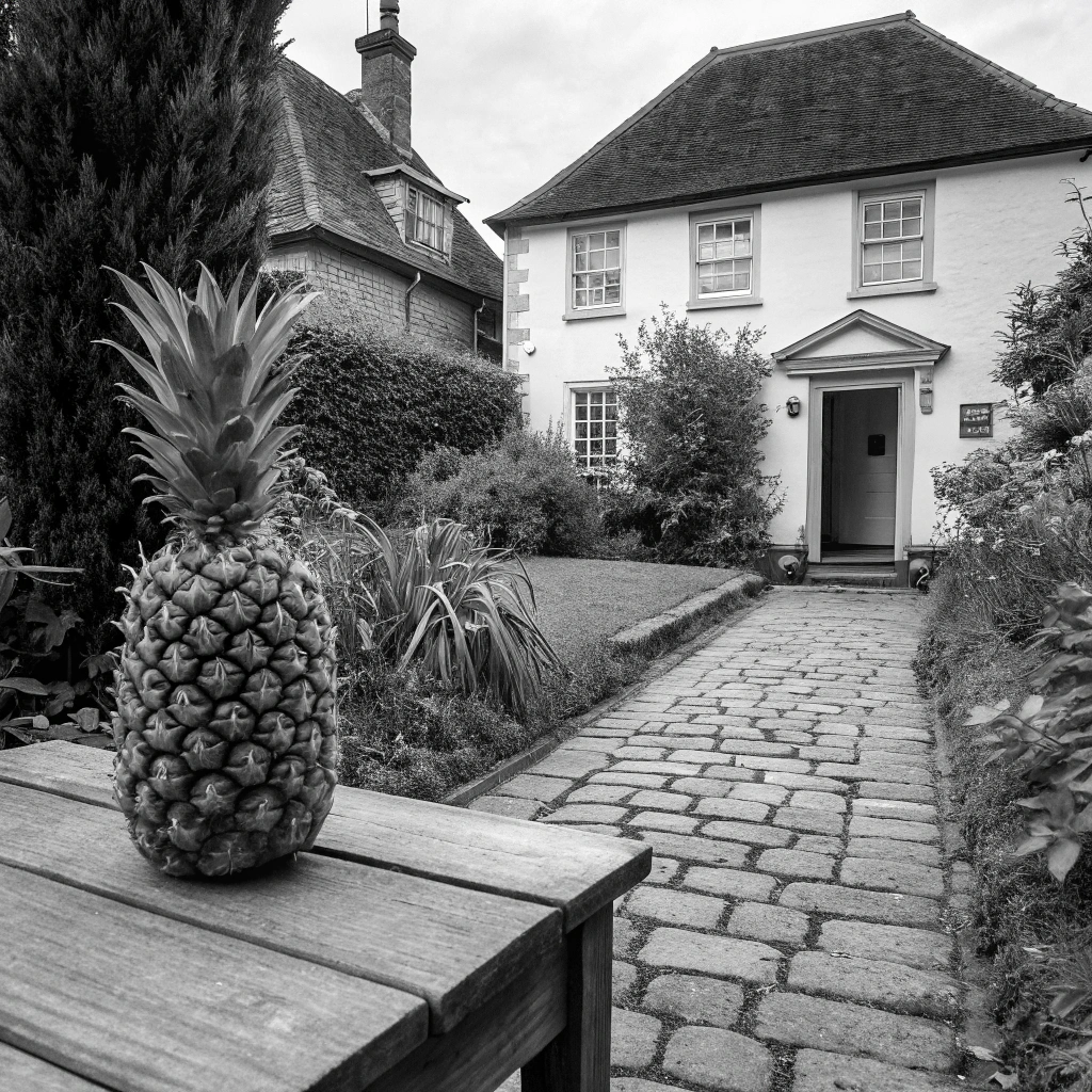 AI generated image by Red Panda AI: A pineapple placed outside a sea captains home signaling his safe return as a sign of hospitality, 16th century, victorian british era, black and white